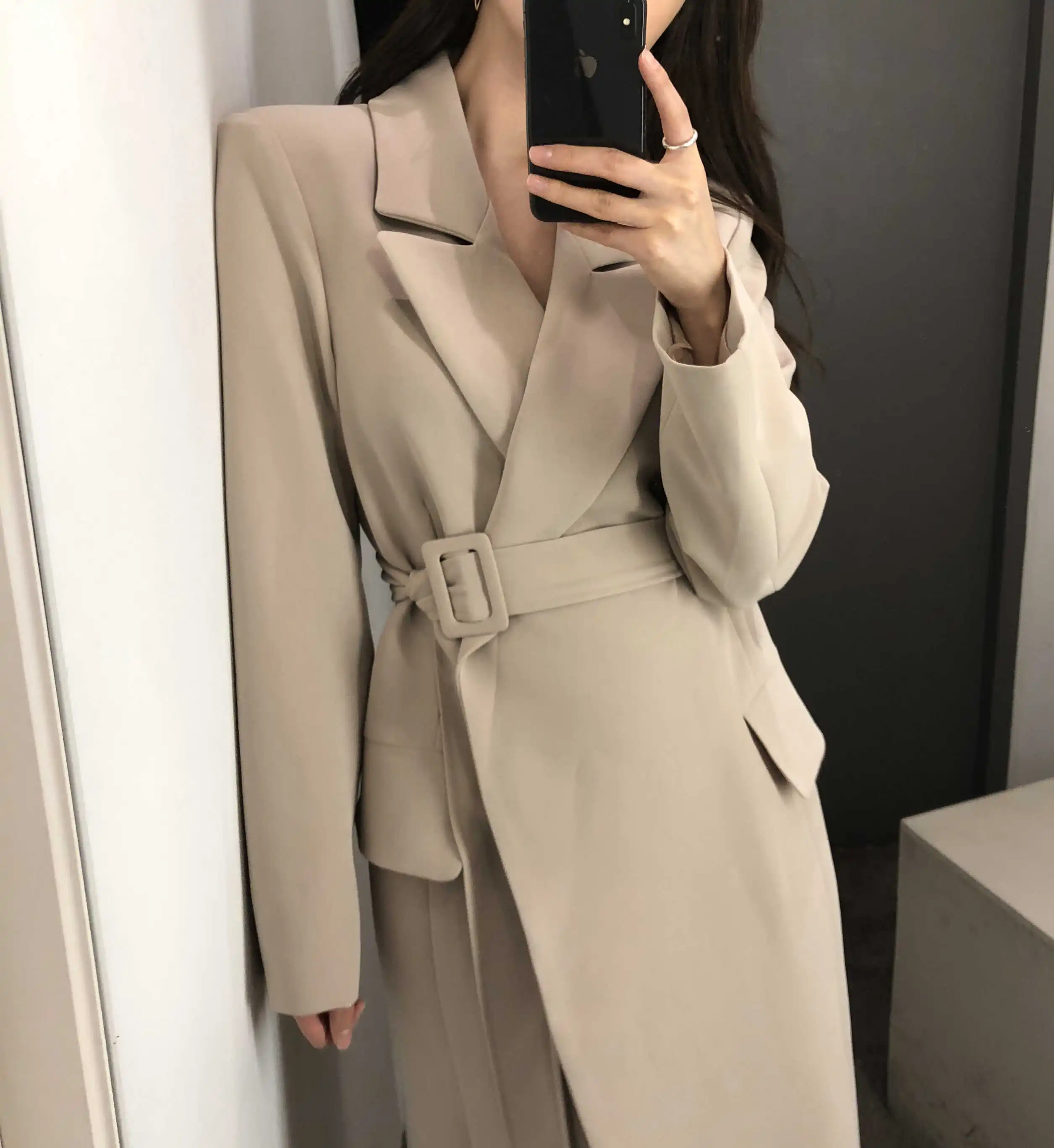 Long Trench Coat Women Korean Winter Classic Chic Bandage Waist Pocket Long Coat Temperament Loose Office Lady Women Coats
