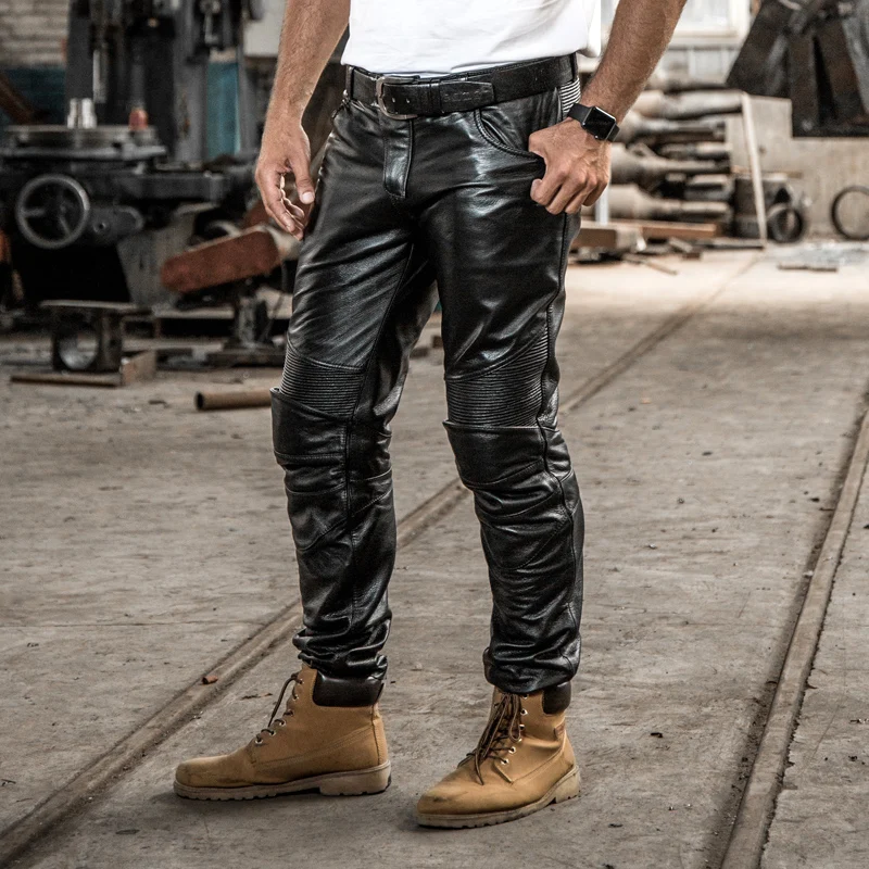 Brand Genuine Leather Long Pants Men's Profession Motorcycle Biker Trousers Slim Fit Cowskin Real Leather Protective Gear Pants