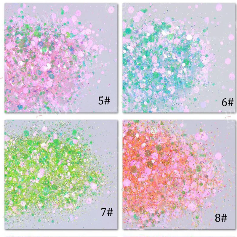 

Chunky (CM26)Mixed Glitter Fairy Glow Nail Glitter Powders 10 Colors 50grams Chunky Shimmer Mermaid Flakes Holographic Powders