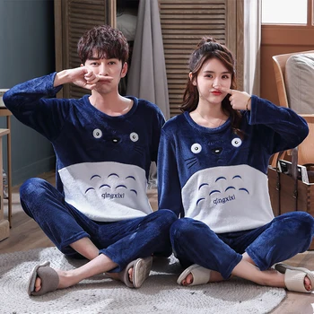 

Young Lovers Pajamas Warm Flannel Women Long-sleeved Autumn Winter Pyjama Loose Men Couple Set Coral Fleece Sleepwear Top+ Pants