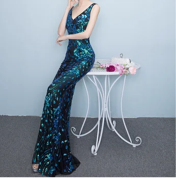 

Evening Party Dresses Mermaid Sequined Deep V Neck Elegant Mermaid Long Dress 2020 Party Plus Size Sequined Floral Long Dresses