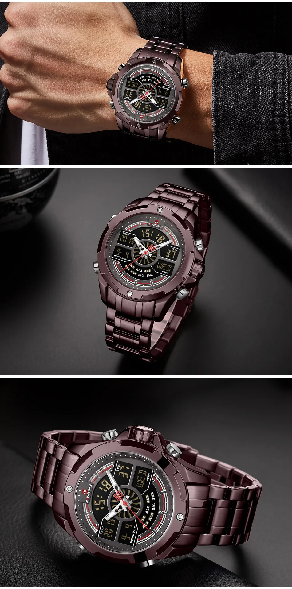 Мужские часы, NAVIFORCE, люксовый бренд, мужские спортивные кварцевые часы, мужские, нержавеющая сталь, светодиодный, цифровые часы, водонепроницаемые, Relogio Masculino