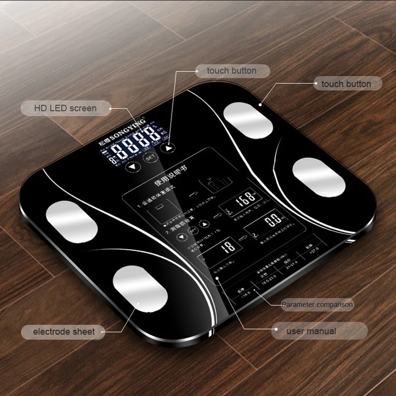 Элегантные серьги, отличное-кнопка контакта Ванная комната Вес весы ЖК Смарт баланс тела Электронные весы умные ИМТ весы тела