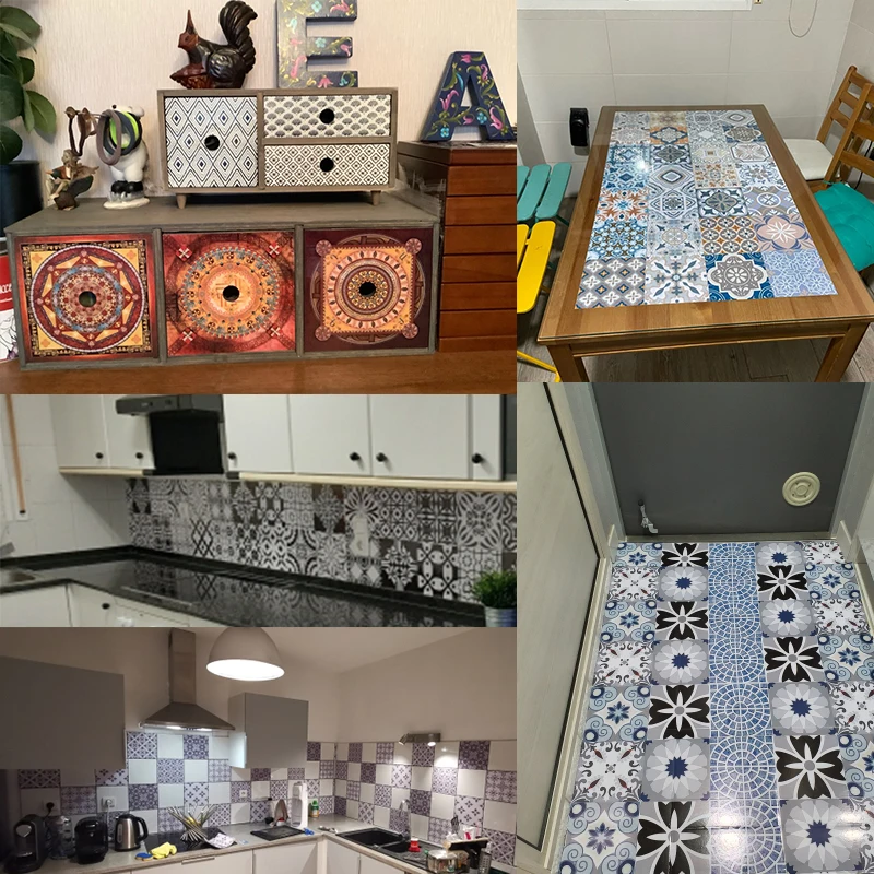 Spain Retro Wall Ceramic Arabic Tile Stickers Self-adhesive Decal for Bedroom Kitchen Waist Line Wall Decals Waterproof PVC DIY
