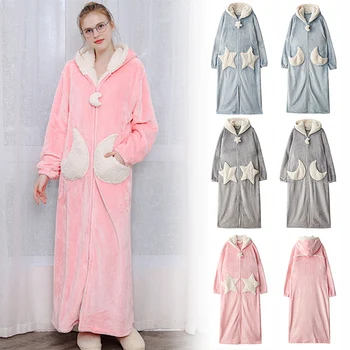 

Long Flannel Fleece Hooded Dressing Gown Women Men Warm Star Moon Zipper Sleepwear Robe IK88