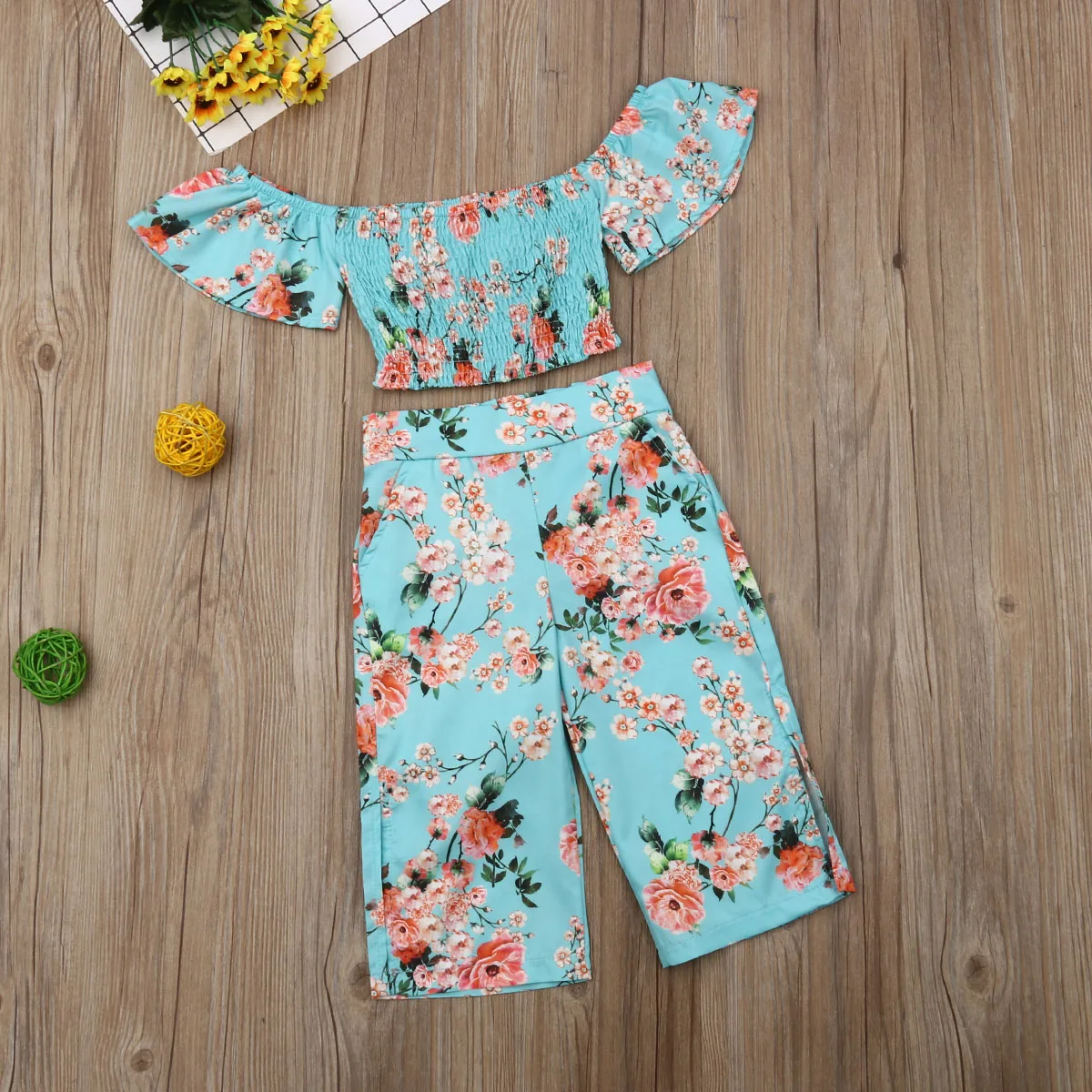 1-6 Years Toddler Kids Baby Girls Clothes Set Floral Off Shoulder Crop Tops Long Slit Wide Leg Pants Casual Outfits 2pcs Sets kids clothing set girls clothing set boys clothing set kids sweatshirt set