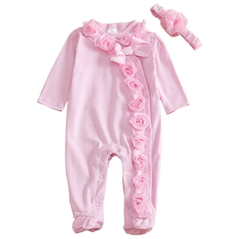 

Girl Comfortable Long Sleeve With Headband Cute Lightweight Decorative Buttons Breathable Lace Flower Bowknot Baby Romper Set
