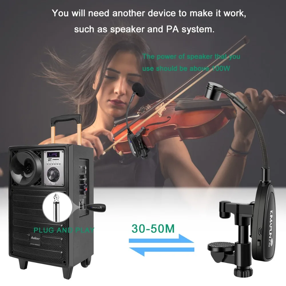 KIMAFUN Violin Microphone Wireless 2.4G Gooseneck Pick Up Instrument Clip-on Mic Receiver and Transmitter System for Violin