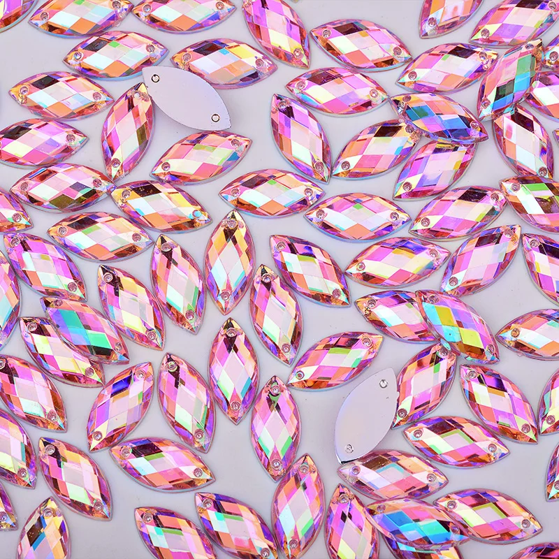 JUNAO 100szt 7 * 15mm Różowy AB Szycie dżetów Płaski tył Końskie oko Przyszyj Strass Crystal Luźny akrylowy koralik Kamień do robótek ręcznych