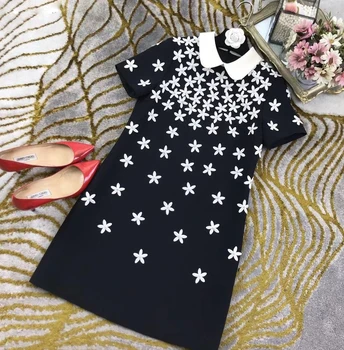 

Romantic Elegant Polo Pin Drill Embroidery Short Sleeve Straight Slim Dress Women Diamonds Casual Dress