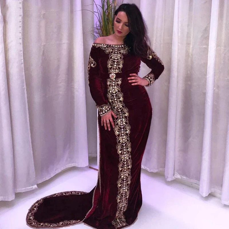 

Morocco Kaftan Evening Dresses Boat Neck Appliques Long Sleeves Mermaid Burgundy Muslim Prom Gown Formal Arabic Party Dresses