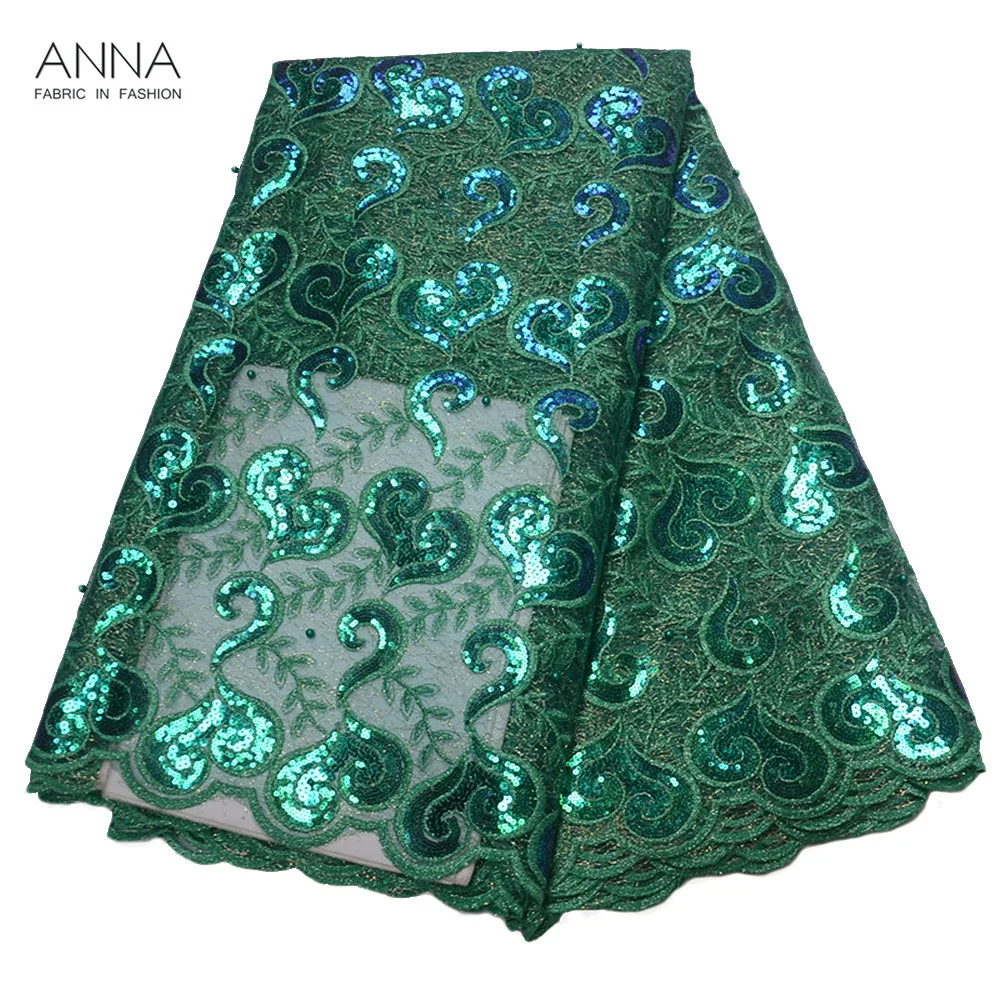 

Anna Latest French Lace Fabric High Quality 2019 Sequins Lace With Beads 5 Yards/pcs African Net Lace Fabrics For Party Dress