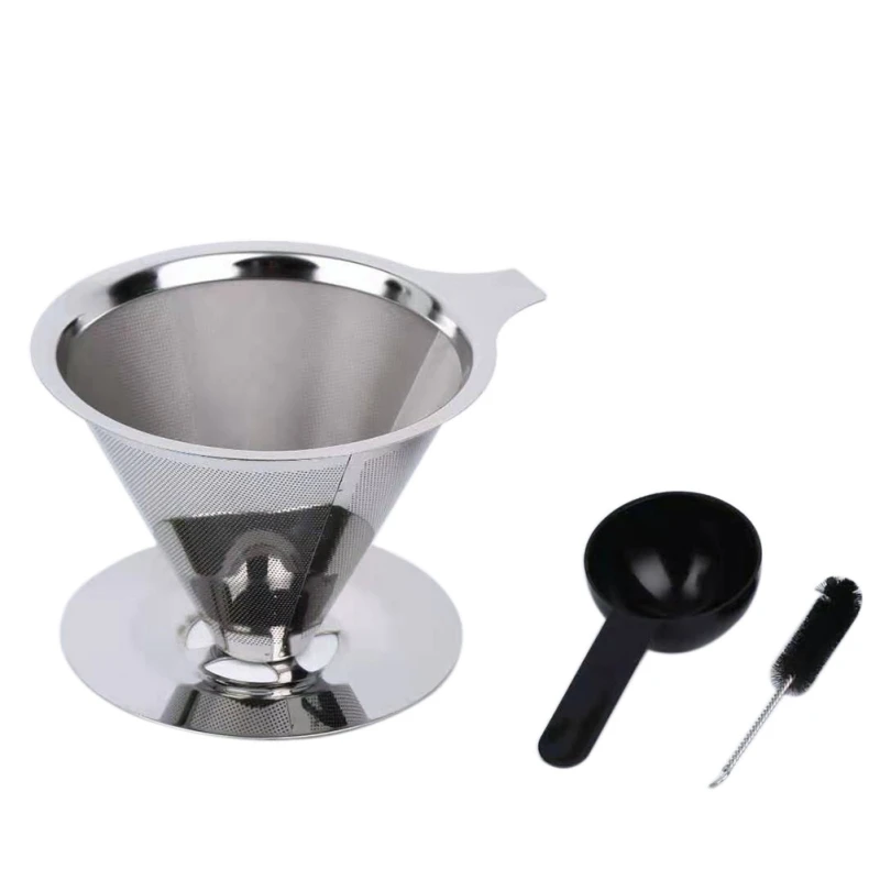 

Reusable Stainless Steel Tea Filter Paperless Eco-Friendly Household Double Layer Coffee Filter With Spoon Brush Coffee Filter