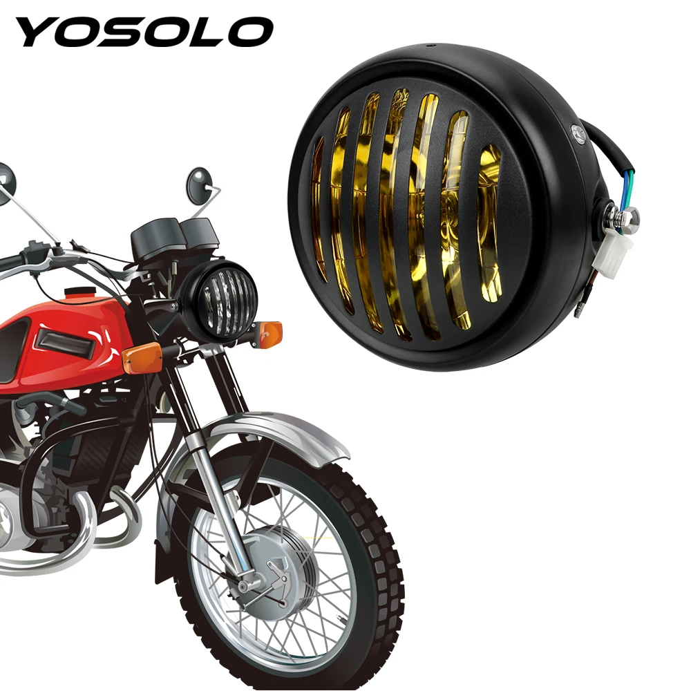 

YOSOLO Front Light Motorcycle Grill Headlight Universal Round Lamp Motorbike Retro Headlights Car Styling DC 12V Moto Lights
