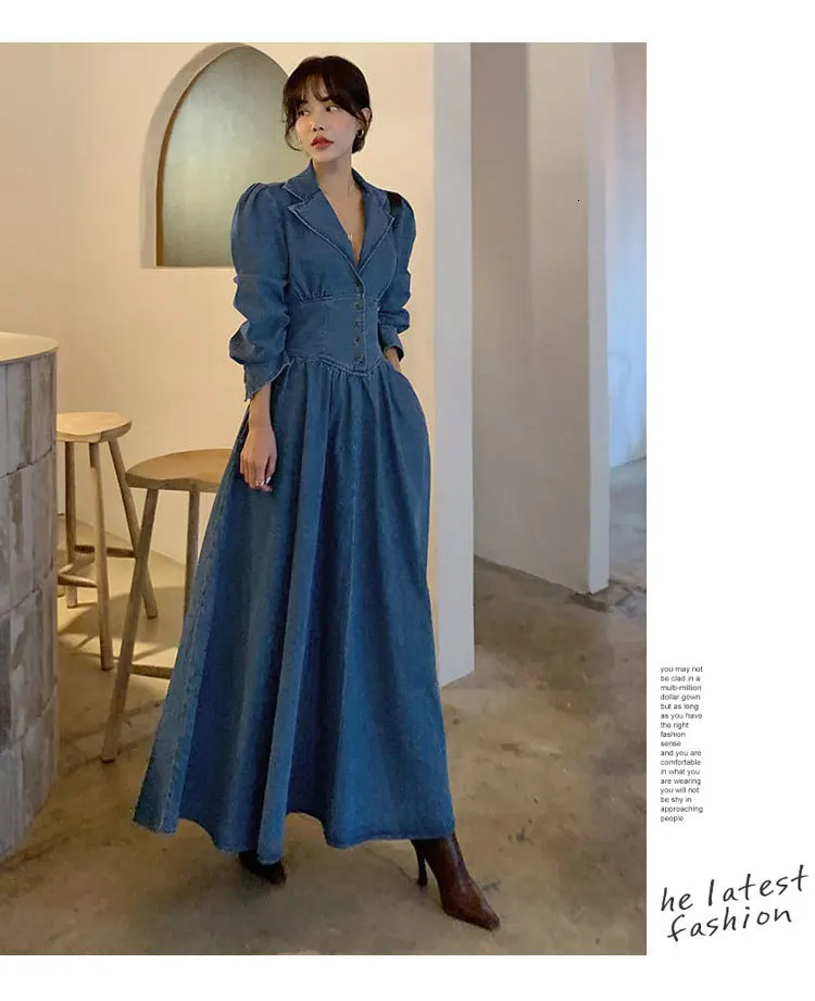 SuperAen/ осеннее Новое джинсовое длинное платье для женщин, однотонное повседневное женское платье с длинным рукавом, модная женская одежда