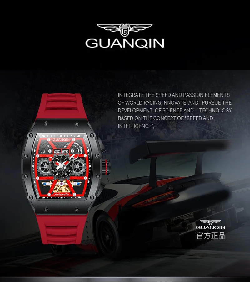 GUANQIN Luxury Automatic Watch Skeleton Skull Watch 2022 Tourbillon design waterproof Day Date Year Month Display Rubber Strap