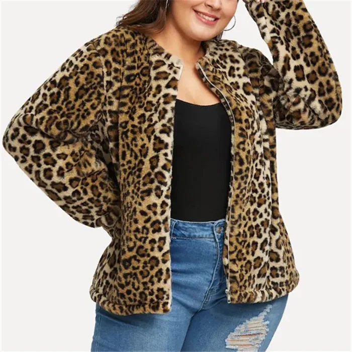 Свободные леопардовые женские шерстяные меховые пальто зимнего размера плюс XL-5XL с длинным рукавом на молнии с круглым вырезом теплые куртки повседневные офисные женские