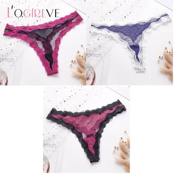 

Logirlve 3pcs / lot Tangas Women Sexy Underwear T Panties Lace Thongs Transparent Ladies Thin Low Rise Panties M-XXL Wholesale