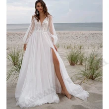

Fantastic Beach Wedding Dresses High Slit Puffy Gown Pleat Sposa Illusion Vestidos Bridal Party Robe De Mariée High End Brides