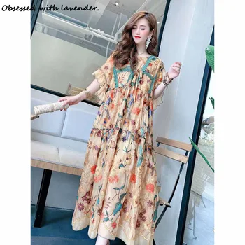 

Europe's new dress women's summer chiffon temperament women's long round neck retro floral embroidered dass fairy