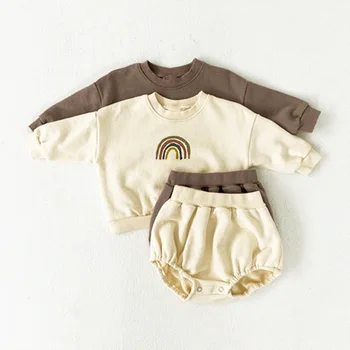

2020 autumn winter new baby rainbow round collar sweatshirt and short two piece boy and girl fleece suit