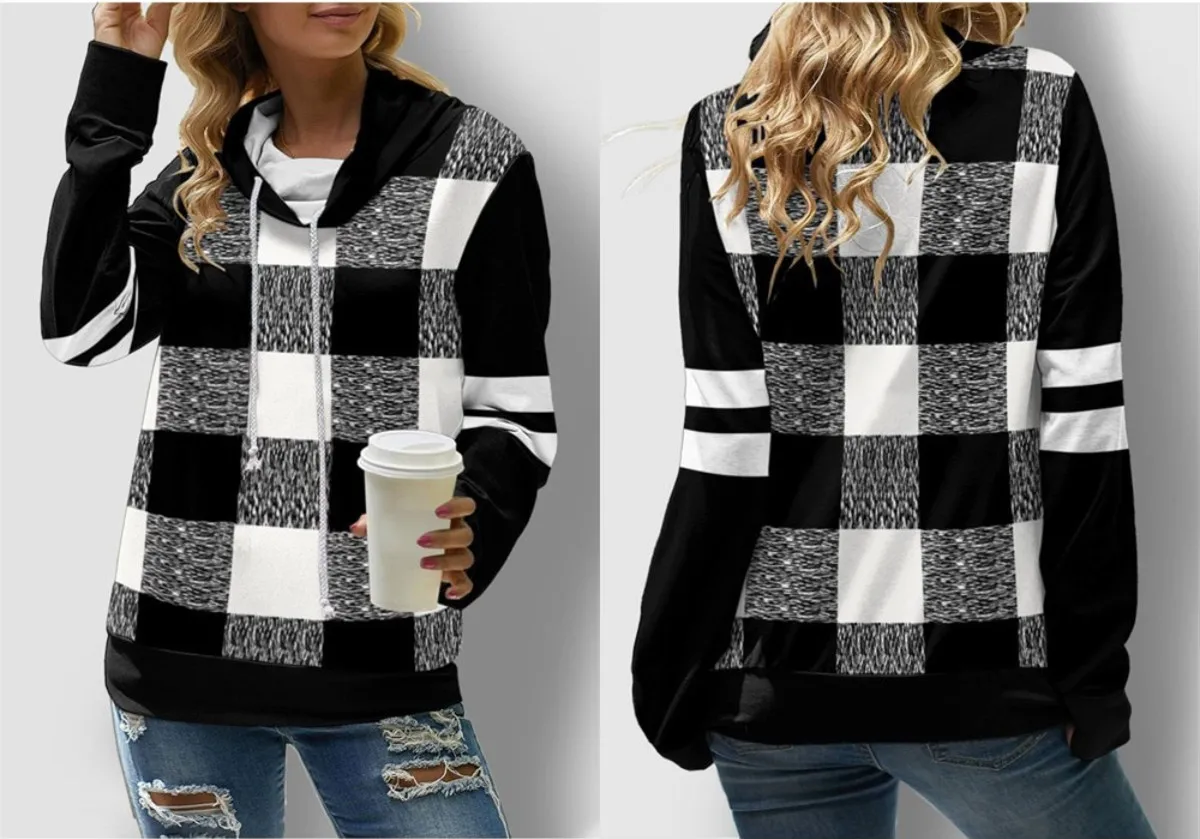 Women Autumn & Winter Color Block Print Draw String Sweatshirt Loose Casual Pullovers Oversized Hoodie Basic Commute Ladies Tops trendy hoodies for women