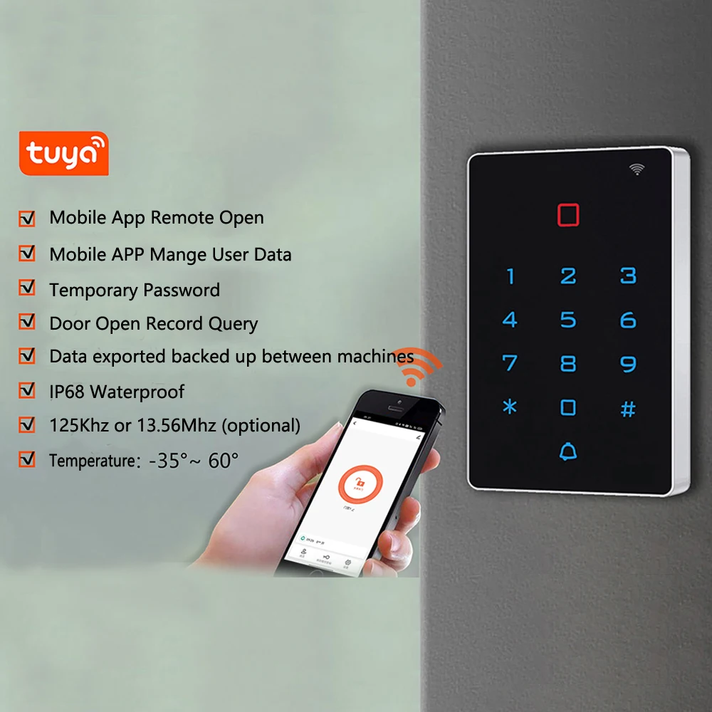 Teclado de Controle de Acesso Tuya App WiFi, Keyfob RFID, Kit de Controle Impermeável, Wiegand 26, 2000 Usuário, 125kHz, 13,6 MHz, IP67