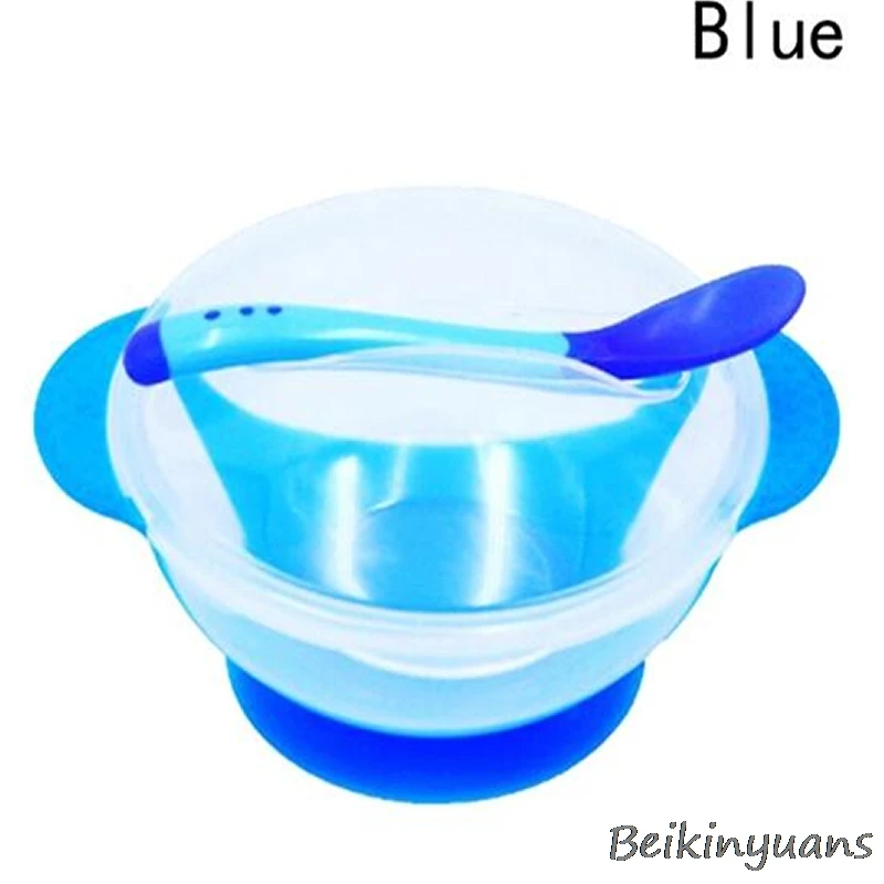 Blue spoon bowl Посуда для кормления малышей, ложка с крышкой, бинауральная посуда для кормления детей, детская тарелка, миска на присоске - Цвет: Blue spoon bowl