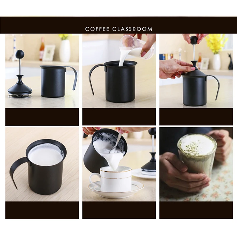 Teflon Double-layer Milk Foamer Device Manual Cappuccino Machine Milk Bubbler Pot 400cc/800cc Milk Frother Coffee Foam Maker