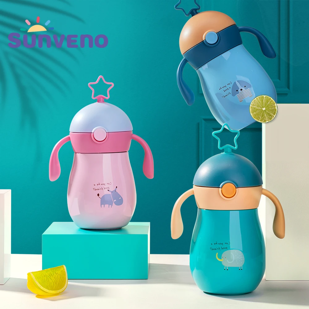 Cheap Sunveno 260ml Cartoon Baby Thermos Cup Soft Spout Straw Sippy Cup Gravity Ball Water Cup Water Bottle