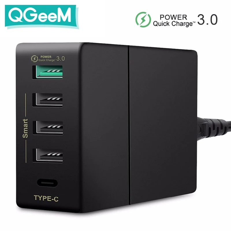 QGeeM USB зарядное устройство с 5 портами QC3.0 Type C быстрое В 2 4 А 9 12 1 вилка стандарта США настольное для