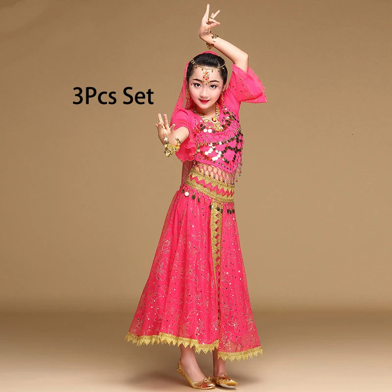 Rose Red 3PCS Костюм для танца живота для детей, болливудское платье для девочек, детские юбки для восточных танцев на день индийского представления, комплект из 3 предметов, 5 шт - Цвет: Rose Red 3PCS