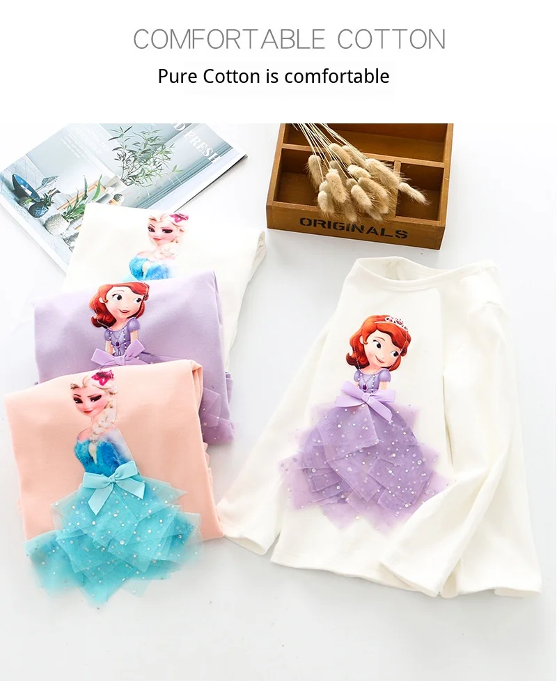 New Autumn Princess Kids Girls T-Shirt Elsa Anna Cotton Tees Mesh T Shirt 3D Tops Cotton Baby Birthday Party Anna Tops Clothing