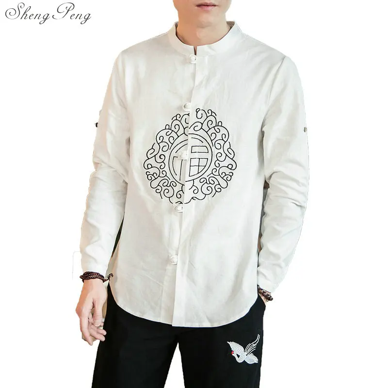 Traditional Chinese Clothing For Men Cotton Linen Shirts White Embroidery Kung Fu Tai Chi Hanfu Male China Style Tops V1651