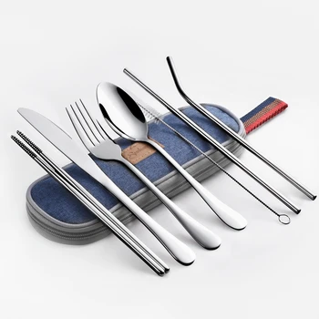 

Dinnerware Set Travel Camping Cutlery Set Reusable Silverware with Metal Straw Spoon Fork Chopsticks and Portable Case