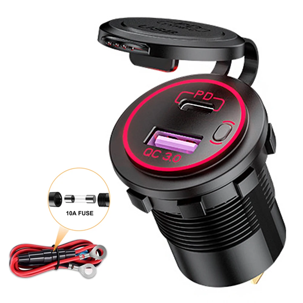 36W Waterproof Type-C Power Outlet Adapter with LED Digital Voltmeter for 12V/24V Car Boat Marine Motorcycle ATV RV Campers Tractors Truck Golf-Cart etc Red QC3.0 USB Charger Socket 36W Waterproof Type-C Power Outlet Adapter with LED Digital Voltmeter for 12V/24V Car Boat Marine Motorcycle ATV RV Campers Tractors Truck Golf-Cart etc Red QC3.0 USB Charger Socket