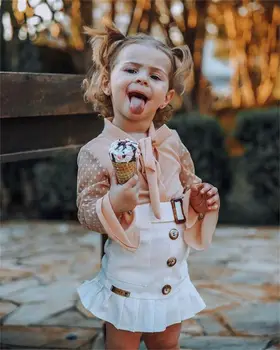 

2PCS Toddler Kids Baby Girls Clothes Flared Sleeve Wave Dot Mesh Blouse + Leather Skirt Outfits Clothes Sets