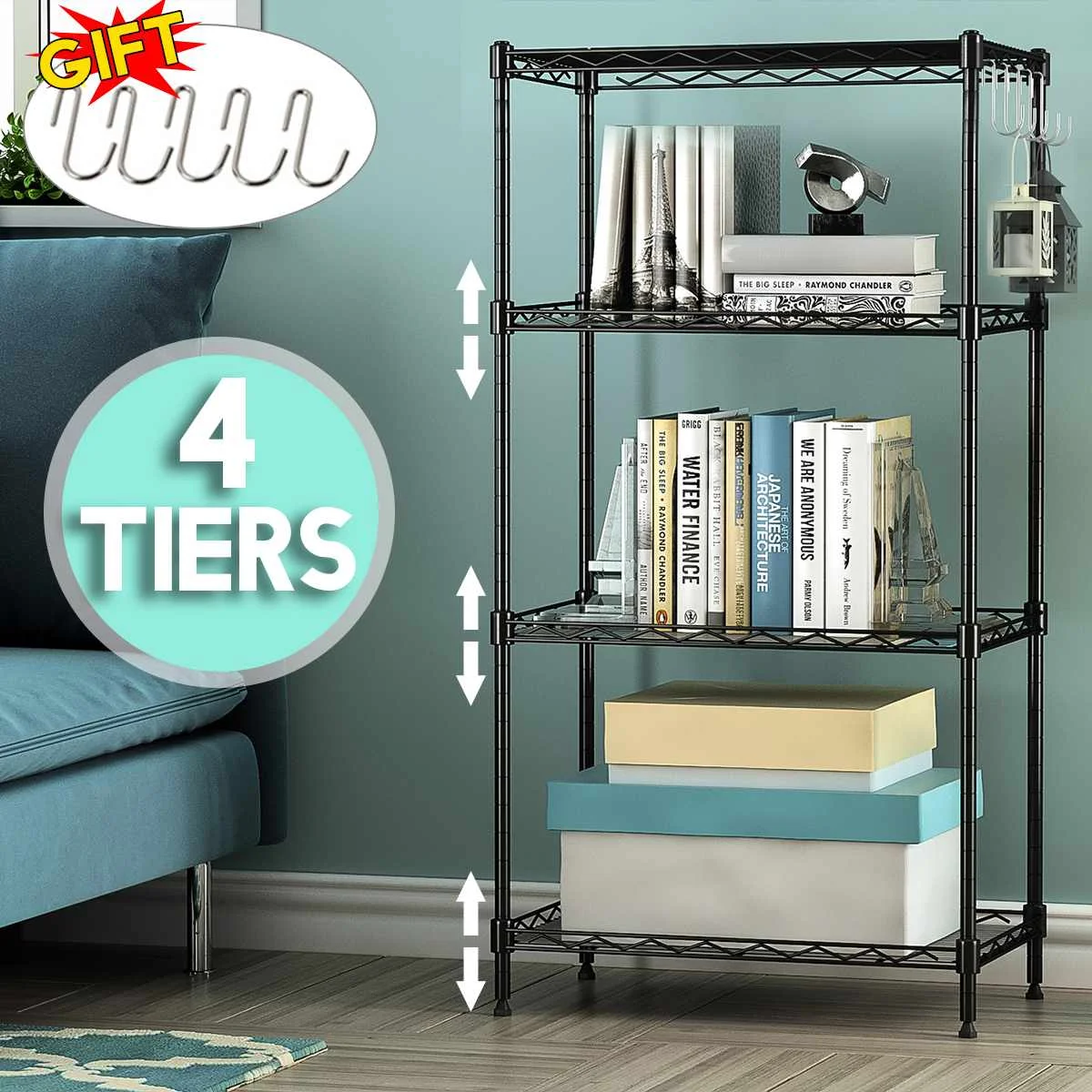 

High Quality Metal Wire Rack Floor Book shelf Adjustable Kitchen Living Room Storage Rectangle Carbon Steel Storage Rack Black