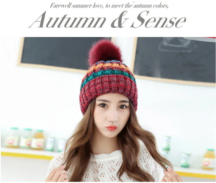Winter new Korean version mixed color plus velvet plus thick wool hats warm hat hat protected women's knitted hat