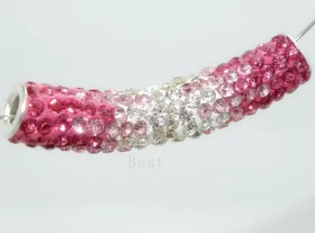 

gr3 DIY Bead Pink Rose free shipping Wholesale 50*10mm Clay long bending tube beads charms for bracelet crystal
