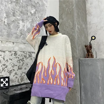 

Sweater Harajuku Hip Hop Flame Fire Sweaters Knit 2020 Autumn Couple Winter Man Women Outfits Loose Pullover Fashion Tops Unisex