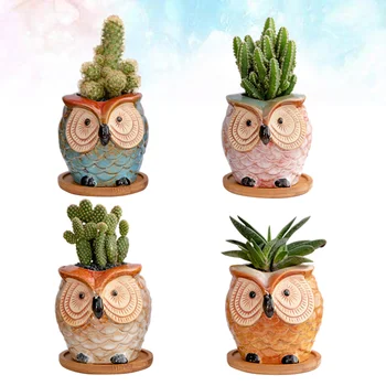 

4pcs Owl Style Ceramic Flower Pot Mini Succulent Plant Flower Pot Straight Round Potting Pot Household Flower Container with 4PC