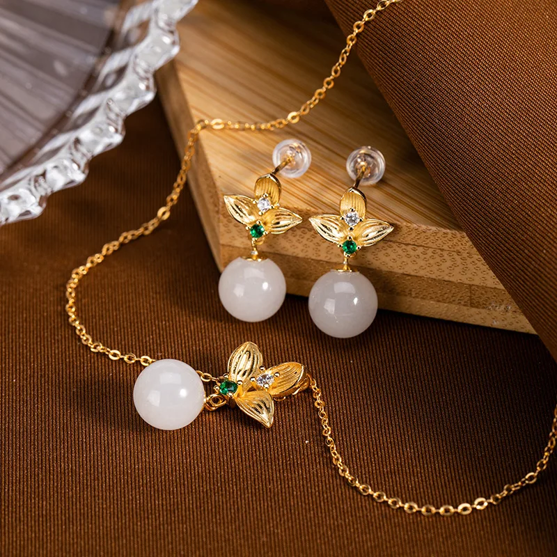 925 Sterling Silver Gold Plated Hetian White Jade Earrings Necklaces Jewelry Sets Designer Trendy Vintage Fine Jewelry Women