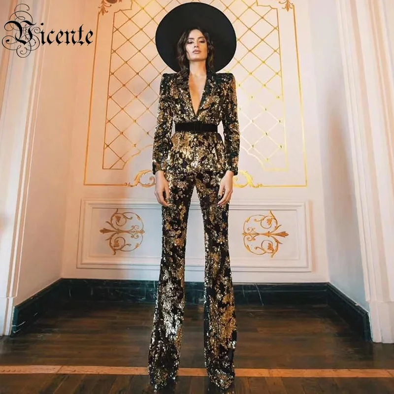 

Vicente 2019 All Free Shipping Two Pieces Sets Turn-down Collar Sequins Embellished Long Sleeves Celebrity Party Pants Suit