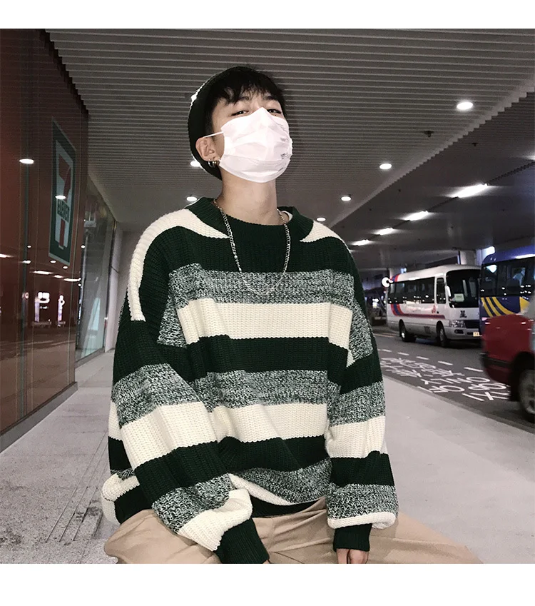 Осень/Зима полосатый свитер с длинными рукавами с свободным отворотом и повседневная одежда для молодых мужчин