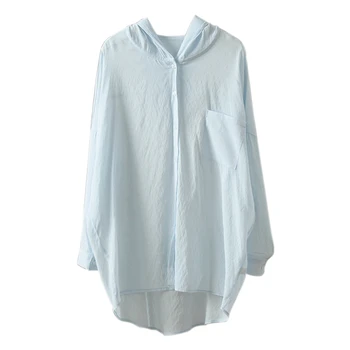 

2019 New chic Solid Color Long sleeve Loose Hooded Blouse Modern Fashion Bf style college Long shirt Thin Single Breasted blouse