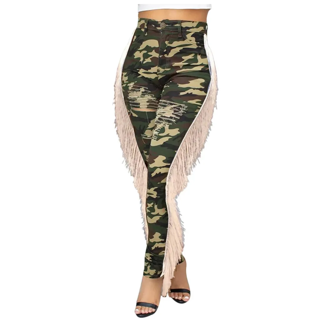 KANCOOLD брюки женские с кисточками обтягивающие с высокой талией камуфляжные карманные рваные брюки-карандаш джинсовые Модные новые джинсы женские 2019Oct7