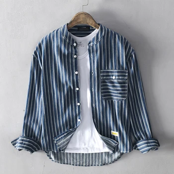 

2020 Pure Cotton Striped Shirts Long Sleeve Casual Slim Stand Collar Retro Shirts Man Fashion Men's Clothing Y2713