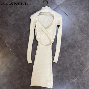 

ZCSMLL 2020 Stand-up Collar Vestido Long Sleeve Overlapping Design Style Sexy Open Back Small Woman Stretch Knit Dress Trend