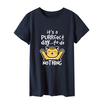 

2019 Fashion Plus Size Women T-shirt 100% Cotton Top Perfect Day Cat Cartoon Print T-Shirt Women O-Neck Short Sleeve T shirt